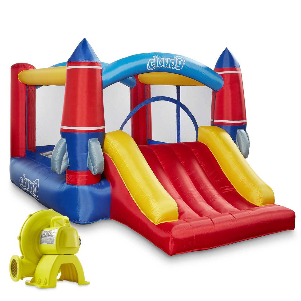 Cloud 9 Inflatable Bounce House and Blower, Rocket Theme Bouncer for Kids with Slide, Includes Stakes and Repair Patches
